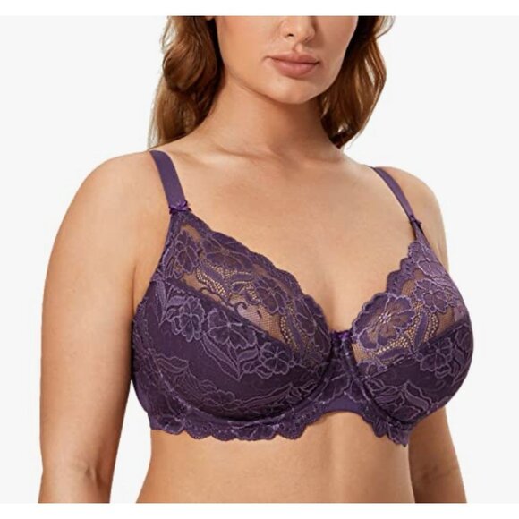 DELIMIRA Women's Full Coverage Non-Foam Floral Lace Plus Size Underwired Bra 34E - Picture 3 of 7